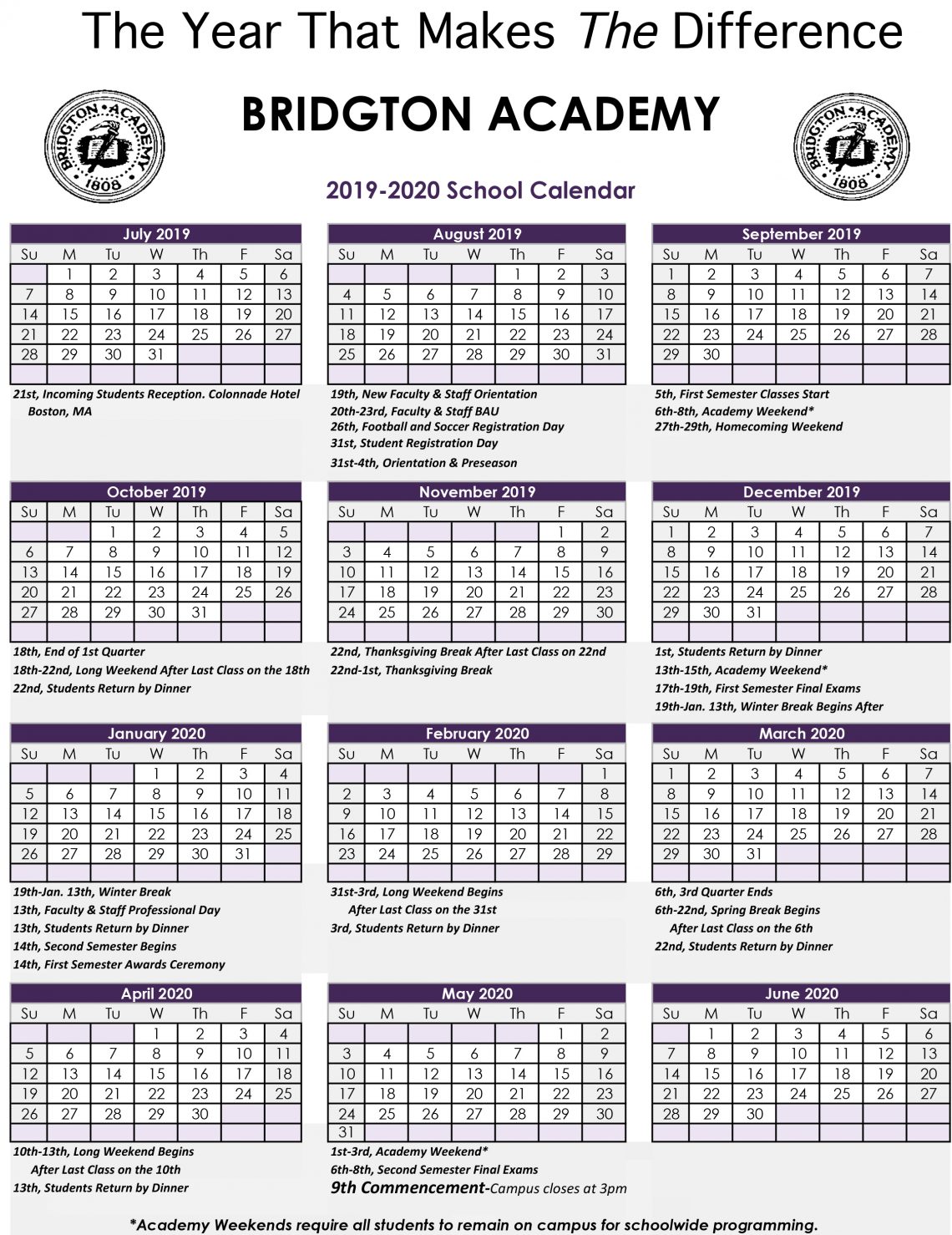 Academic Calendar Bridgton AcademyBridgton Academy